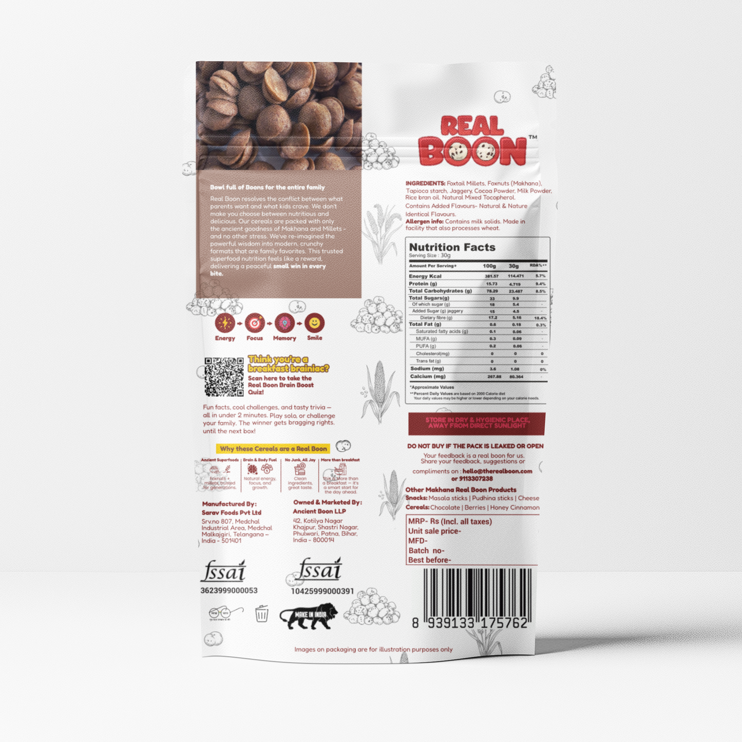 Beal Boon food product packaging with detailed labels on a white background